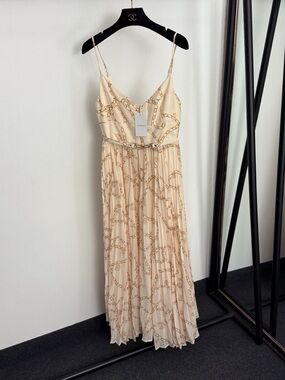 Zimmermann Cream Chain-Print Pleated Maxi Dress with Thin Belt